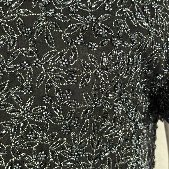 Vintage 80s Adrianna Papell Evening Black Silk Beaded Short Sleeve Top XL - Picture 4 of 5